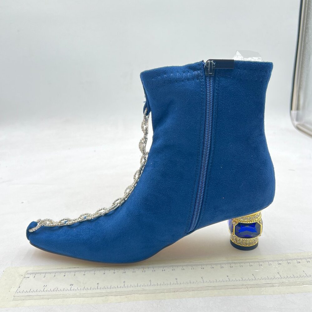 XYD Dark Blue Chain Link Closed Toe Ankle Boots Low Chunky Crystal Gem Heel Boot - Picture 2 of 8